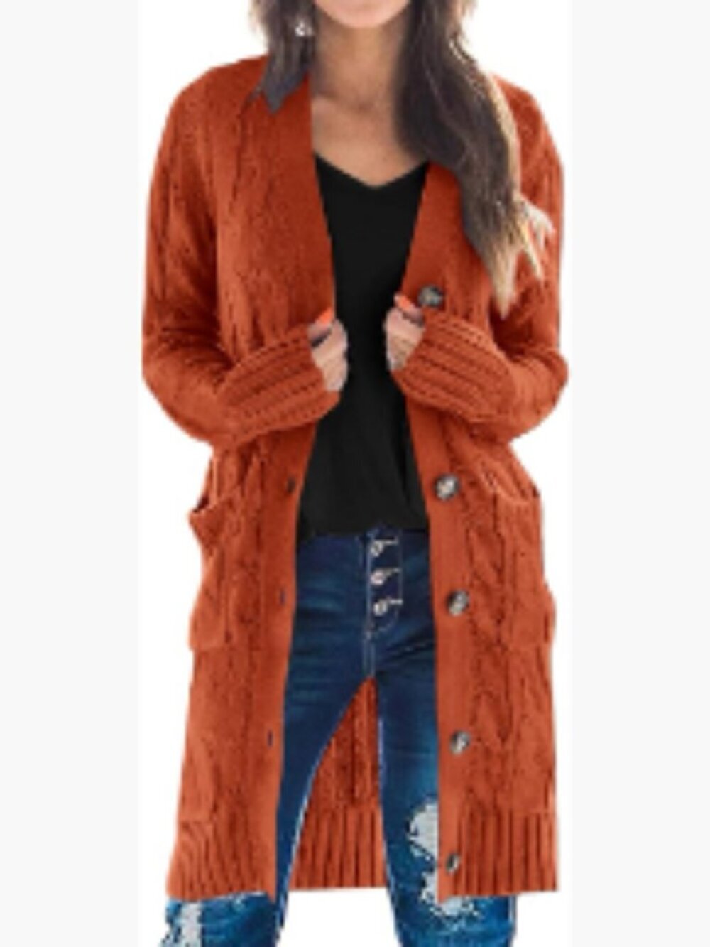 Long Cable Knit Cardigan Sweater with Pockets Open Front Button Down - Picture 1 of 7